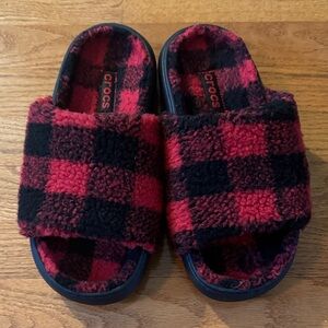 CROCS Buffalo Check Plaid Fuzzy Slides